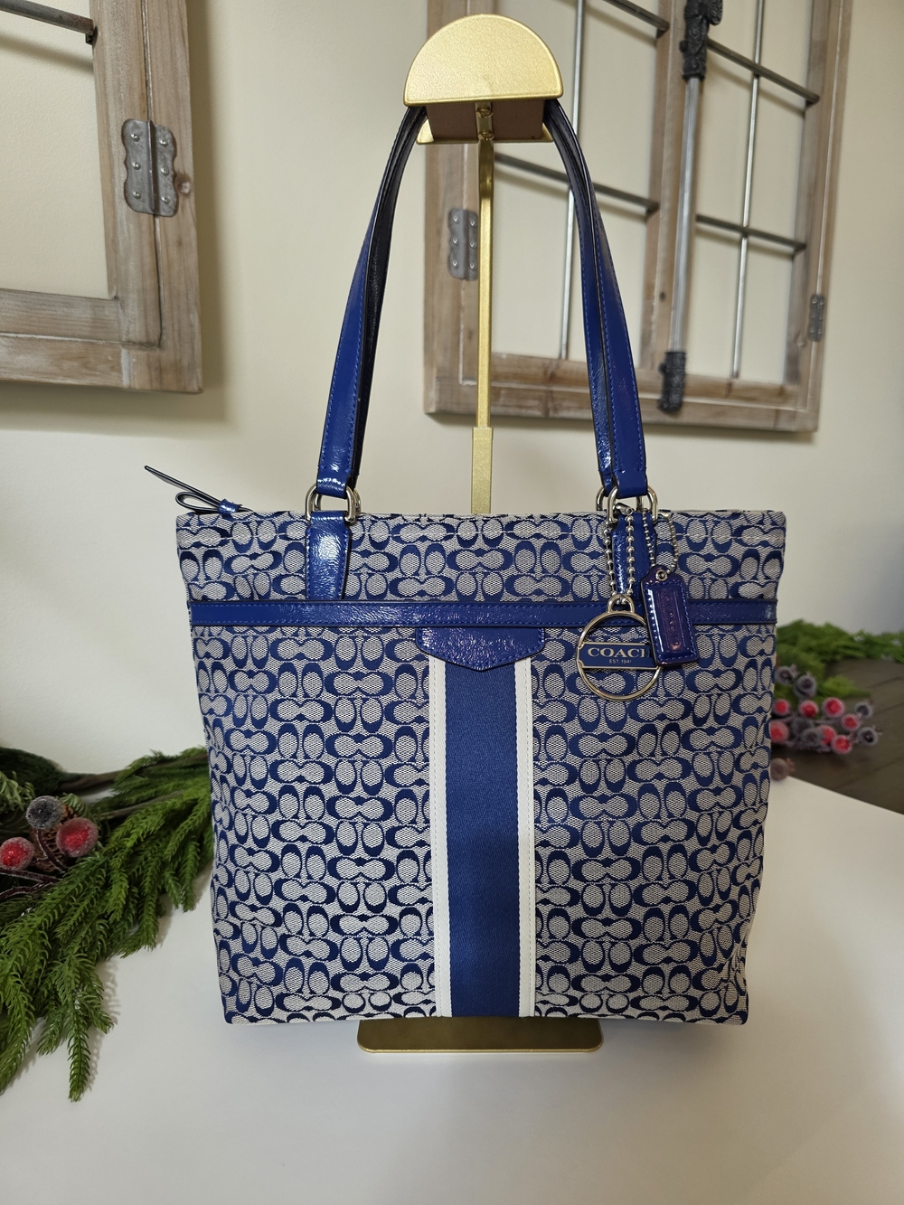 Coach Signature Stripe Tote Blue Jacquard Y2K Shoulder Bag - Picture 2 of 14